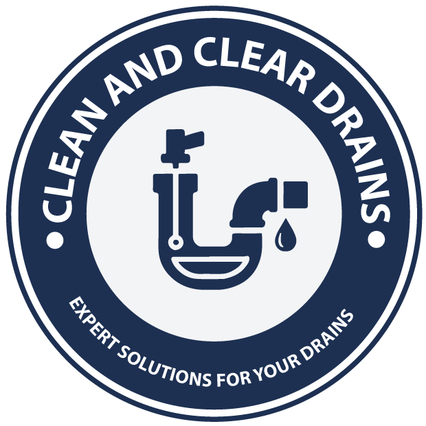 Clean Clear Drains logo - navy circular badge reading Clean and Clear Drains, Expert Solutions For Your Drains